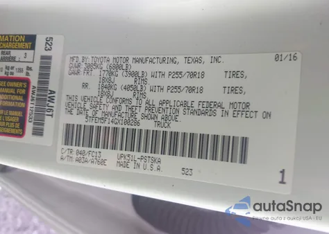 2016 Toyota Tundra Sr5 4.6L V8 из США, поврежденный, VIN 5TFEM5F14GX100286